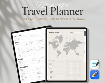 May include: A digital planner on a tablet screen with the text "Ultimate Travel Planner" and "The Easy-to-Follow Guide to Stress-Free Travel". The planner includes sections for trip overview and destination overview, with a world map and a grid for notes.