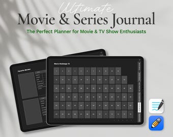 May include: A digital planner for movie and TV show enthusiasts. The planner includes a "Movie Challenge 75" section with a grid of 75 squares, a "Favorite Movies" section with space to list titles and ratings, and a "Series" section with space to list titles and seasons.