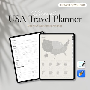 Cyfrowy planer podróży do USA - lista kontrolna 50 stanów, pakiet Goodnotes Itinerary & Trip Journal, szablony PDF na rodzinne wakacje na iPada