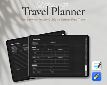Puede incluir: Una plantilla de planificador digital en la pantalla de una tableta con el texto "Ultimate Travel Planner" y "The Easy-to-Follow Guide to Stress-Free Travel". El planificador incluye secciones para la descripción general del viaje, atracciones turísticas y embalaje.