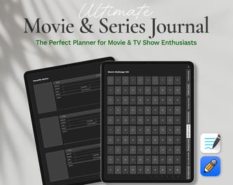 May include: A digital planner for movie and TV show enthusiasts. The planner includes a section for favorite series and a movie challenge 100 grid.