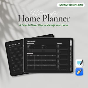 以下が含まれることがあります： 「Ultimate Home Planner」と「A Calm & Clever Way to Manage Your Home」というテキストが書かれたデジタルプランナー。プランナーには、毎週の植物の手入れ、学校の情報、カレンダーのセクションが含まれています。