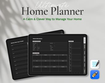 May include: A digital planner with the text "Ultimate Home Planner" and "A Calm & Clever Way to Manage Your Home". The planner includes sections for weekly plant care, school information, and a calendar.