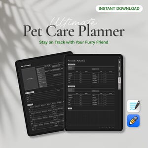Puede incluir: Un planificador digital para el cuidado de mascotas, con el texto "Ultimate Pet Care Planner" y "Stay on Track with Your Furry Friend". El planificador incluye secciones para información de mascotas, medicamentos preventivos y una cuadrícula para realizar un seguimiento de las citas.