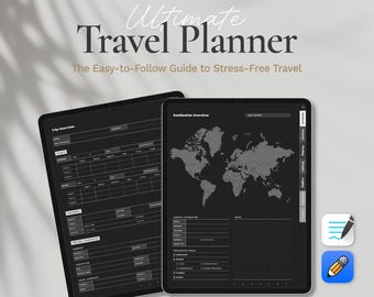 May include: A digital planner with a black background and white text. The planner is open to two pages, one titled "Trip Overview" and the other titled "Destination Overview". The "Destination Overview" page features a world map with a black background and gray continents. The text "INSTANT DOWNLOAD" appears in the upper right corner of the image.