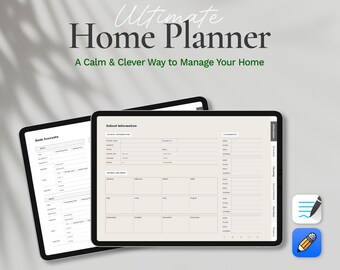 May include: A digital planner with the text "Ultimate Home Planner" and "A Calm & Clever Way to Manage Your Home". The planner includes sections for bank accounts, school information, and a calendar.