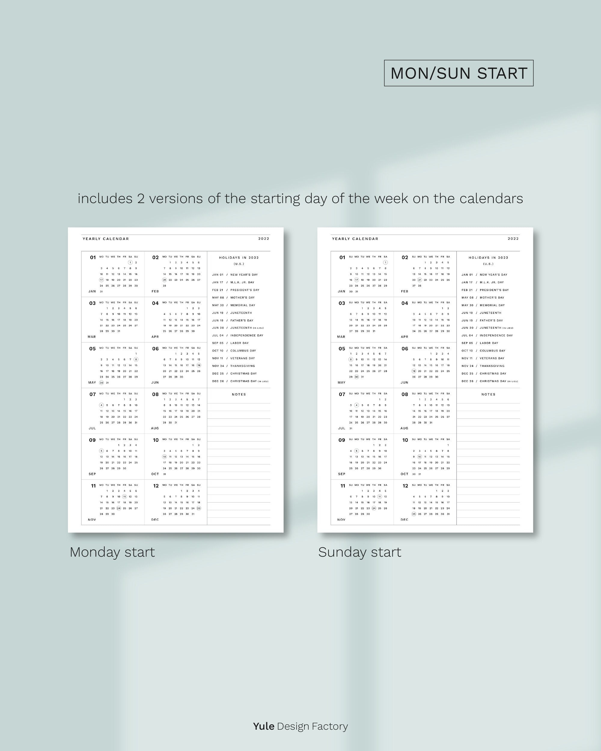2022 a4 printable yearly calendar inserts with u s holidays etsy