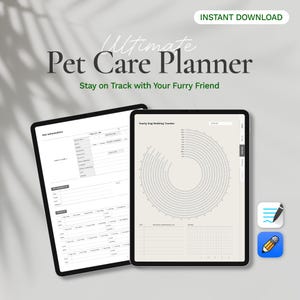May include: A digital planner for pet owners, with the text "Ultimate Pet Care Planner" and "Stay on Track with Your Furry Friend". The planner includes sections for pet information, a yearly dog walking tracker, and a grid for notes.