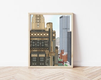 Art Deco Architecture Illustration - Downtown Chicago - Art Print