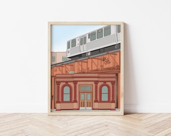 El Train Station Illustration - River North Chicago - Art Print