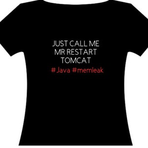 May include: Black t-shirt with white text that reads "Just call me Mr Restart Tomcat #Java #memleak"