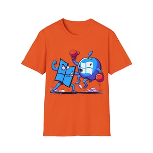 May include: Orange t-shirt with a cartoon illustration of a blue Windows logo and a blue Apple logo fighting. The Windows logo is wearing red boxing gloves and the Apple logo is wearing blue boxing gloves.
