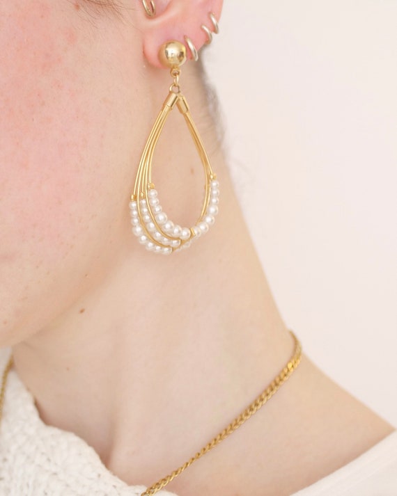 Vintage statement faux pearl drop earrings, white… - image 5