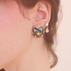 Puces d'oreilles vintage, détails de pierres précieuses et de perles, design élégant, ton or bleu vert image 2
