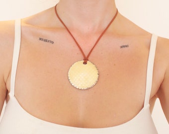 Yellow statement disc pendant necklace, tan cord chain