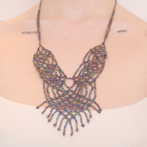 Lace style seed bead bib beaded necklace in black rainbow iridescent