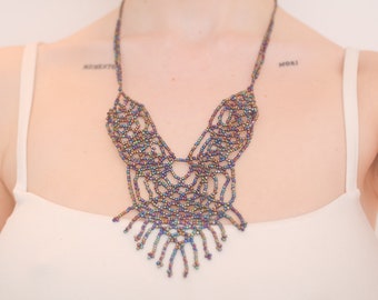 Lace style seed bead bib beaded necklace in black rainbow iridescent