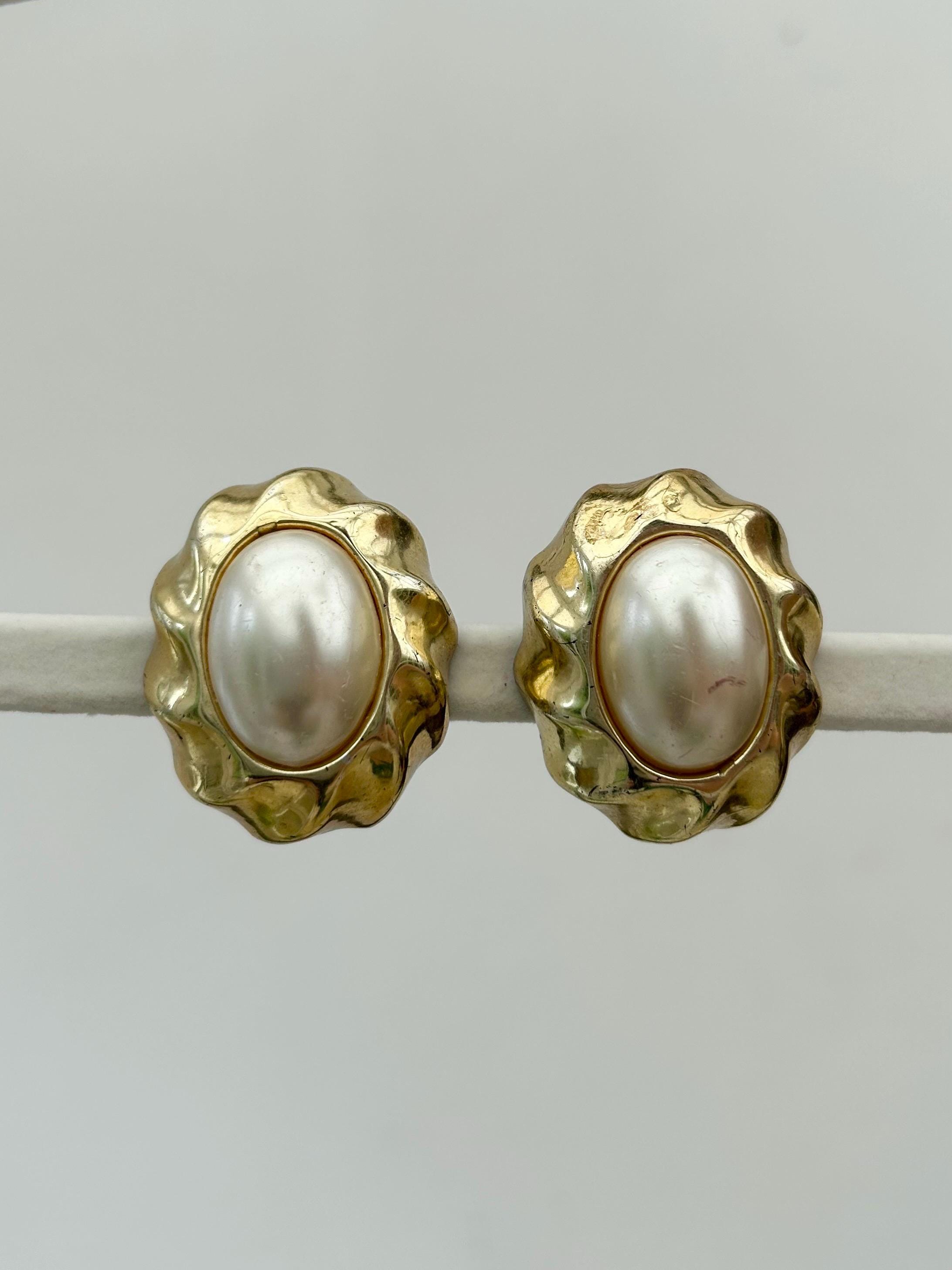 Boucles D'oreilles Clips Vintage Losange Perles Cabochon - Métal Doré, Occasion
