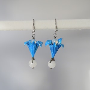 Handmade origami earrings blue & silver tone, angel wings and beaded detail