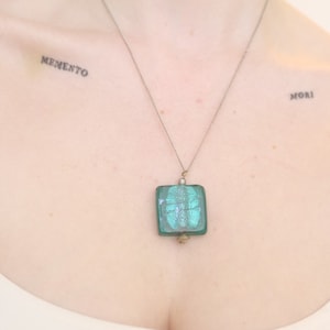 Square shape glass pendant necklace, silver tone
