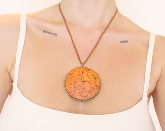 Statement orange & bronze disc pendant necklace, brown cord chain