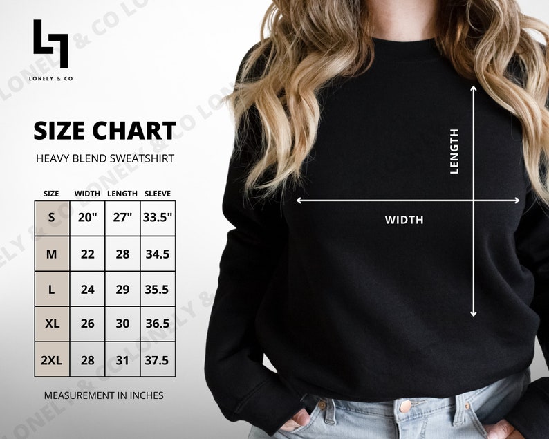 May include: Size chart for a heavy blend sweatshirt with measurements in inches for width, length, and sleeve length. Sizes include S, M, L, XL, and 2XL.