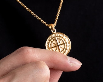 Gold Stainless Steel Compass Pendant Necklace: Waterproof Cable Chain