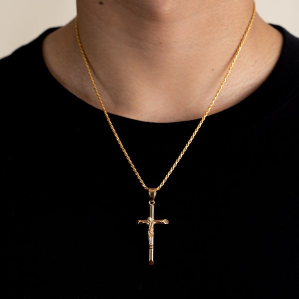 18K Gold Vermeil Cross Necklace | Gold Cross Pendant | Gold Cross Chain | Men's Gold Cross Jewelry | Catholic | Christian Pendant