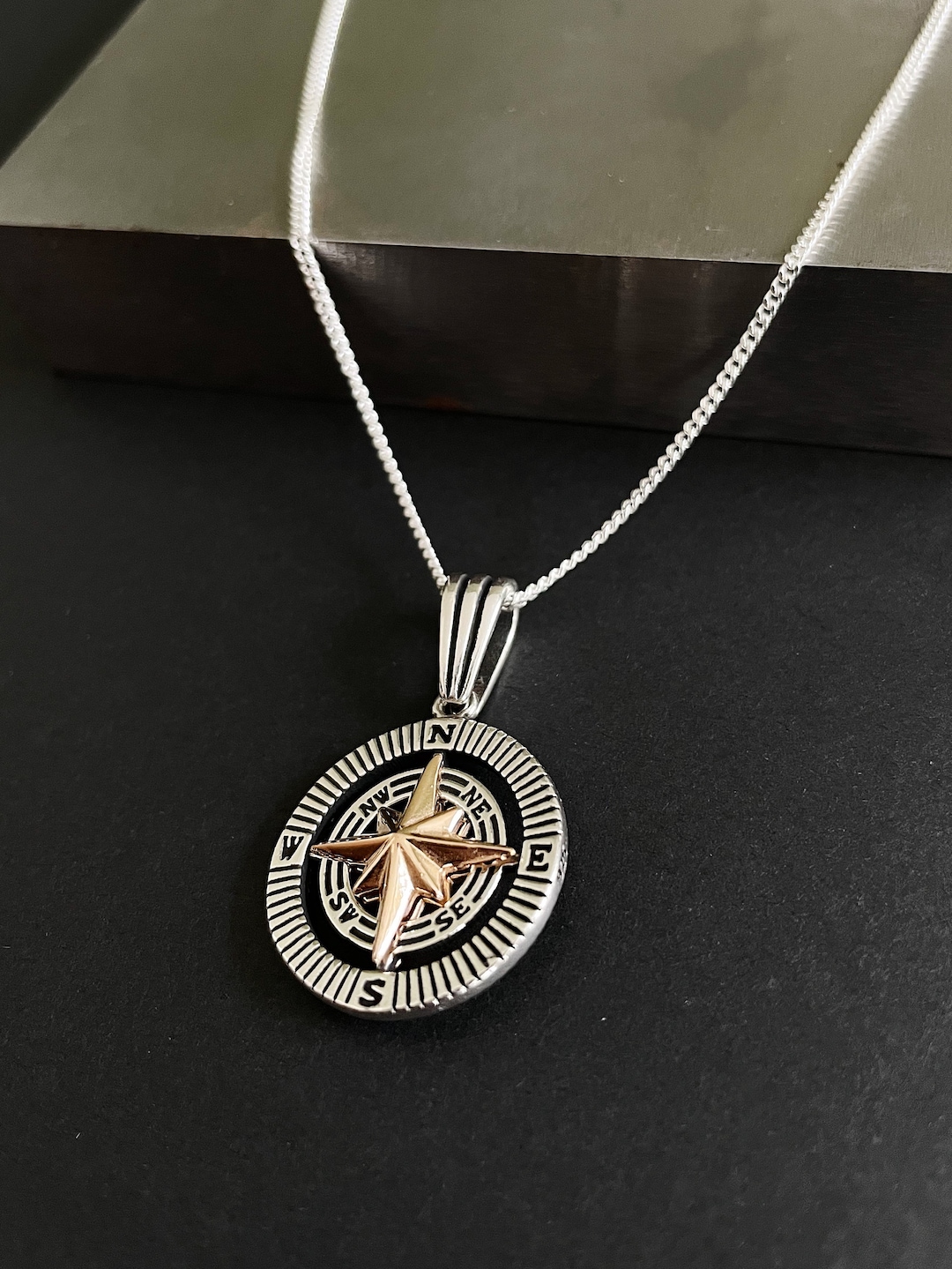 Sterling Silver Compass Necklace Curb Chain Men's Compass Necklace, Silver and Gold Coin