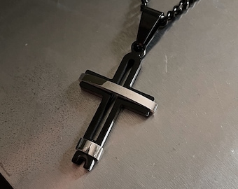Heavy Black Big Cross Pendant Necklace Stainless Steel Curb Chain For Men Women