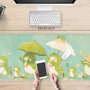 Pastel Green Goblincore Japan Anime XXL desk mat RGB, Cute Frog in the rain Gaming mouse pad, Kawaii aesthetic extended mousepad wrist rest