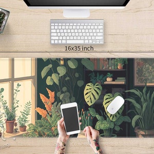 Green Plants lover Anime desk mat cute, Stitched edges Kawaii cottagecore gaming mouse pad, Ergonomic mousepad wrist rest, Silicone mousepad