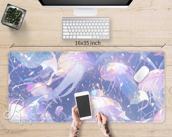 Pastel purple Anime jellyfish desk mat, lavender Japanese kawaii aesthetic rainbow gaming mouse pad RGB, mousepad wrist rest aesthetic setup