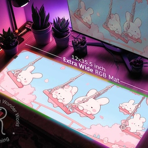 Lo-fi Cute swing bunny in park Anime XXL desk mat RGB, Sakura Cherry blossom Gaming mouse pad, Japanese Kawaii aesthetic mousepad wrist rest