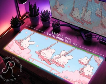 Lo-fi Söt gungande kanin i park Anime XXL skrivbordsmatta RGB, Sakura Cherry Blossom Gaming musmatta, Japansk Kawaii estetisk musmatta handledsstöd