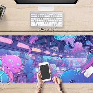 May include: A colorful mousepad with a cyberpunk theme featuring a futuristic cityscape and cartoonish octopus-like creatures in shades of pink, blue, and purple. The mousepad measures 16x35 inches.