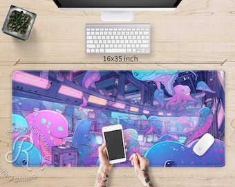 May include: A colorful mousepad with a cyberpunk theme featuring a futuristic cityscape and cartoonish octopus-like creatures in shades of pink, blue, and purple. The mousepad measures 16x35 inches.