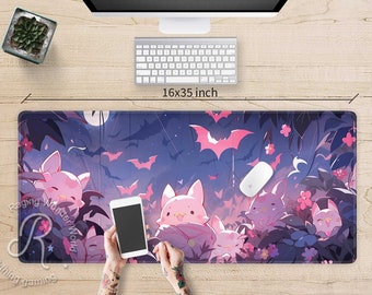 Chat et chauves-souris anime kawaii violets, tapis de bureau XXL RVB, grand tapis de souris de jeu Halloween mignon, repose-poignet large pour tapis de souris esthétique kawaii