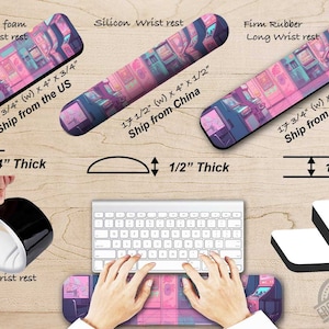 May include: Three wrist rests with an arcade game design are displayed. The soft EVA foam mini wrist rest is 11 3/4" (w) x 4" x 3/4". The silicon wrist rest is 17 1/2" (w) x 4" x 1/2". The firm rubber long wrist rest is 17 3/4" (w) x 4" x 1/2".