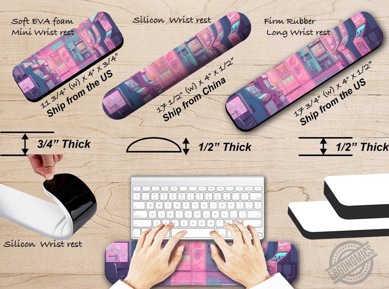 May include: Three wrist rests with an arcade game design are displayed. The soft EVA foam mini wrist rest is 11 3/4" (w) x 4" x 3/4". The silicon wrist rest is 17 1/2" (w) x 4" x 1/2". The firm rubber long wrist rest is 17 3/4" (w) x 4" x 1/2".