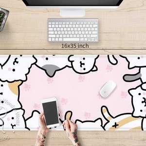 Lo-fi Kawaii Kat pastel pink XXL desk mat RGB, Cute Japanese minimalist large Gaming mouse pad, Kawaii aesthetic mousepad wrist rest