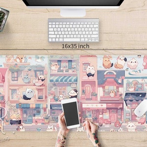 Pastel Anime cute cafe street desk mat, Japanese kawaii Cat Lo-Fi art gaming large  mouse pad RGB, Ergonomic gel mousepad wrist rest support