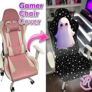 Funda para silla de gamer con diseño de fantasma pequeño de Anime Kawaii, decoración para silla de sala de juegos con cielo estrellado negro, regalo de gamer kawaii, tamaño universal para todas las sillas de gamer