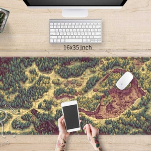 90er Jahre RPG Spiel Landkarte Pixel Art Schreibtischunterlage niedlich, abgesteppt beige braun Nerdy Gaming Mauspad Kriegsspiel, Baum Ergonomisches Mauspad Handgelenkauflage