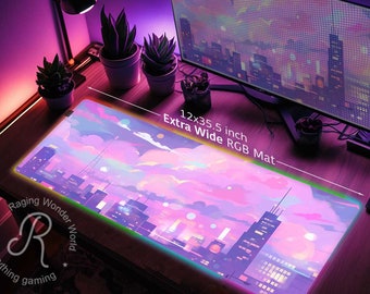 Neon Pastel Tokyo city Anime XXL desk mat RGB, Vaporwave art Gaming mouse pad, Kawaii aesthetic silicone mousepad wrist rest gamer gift