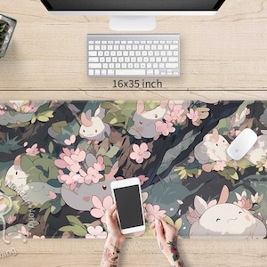 Tapis de bureau lapin fleurs de cerisier kawaii, bords cousus, tapis de souris de jeu RVB Anime Sakura japonais, configuration de bureau esthétique pour repose-poignets