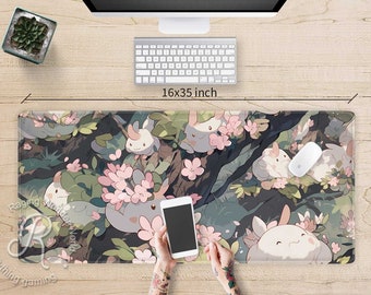 Kawaii Cherry blossom bunny desk mat, Stitched edges Japanese Anime Sakura gaming mouse pad RGB, mousepad wrist rest aesthetic desk setup