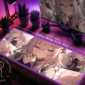 Cute Japanese cat girl desk mat anime, Stitched edges pastel pink gaming mouse pad RGB, mousepad wrist rest kawaii aesthetic desk setup