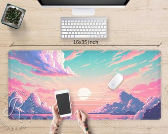 Lo-fi Vaporwave Pixel Anime XXL desk mat RGB, Cute Pastel cotton candy sky large Gaming mouse pad, Kawaii aesthetic mousepad wrist rest
