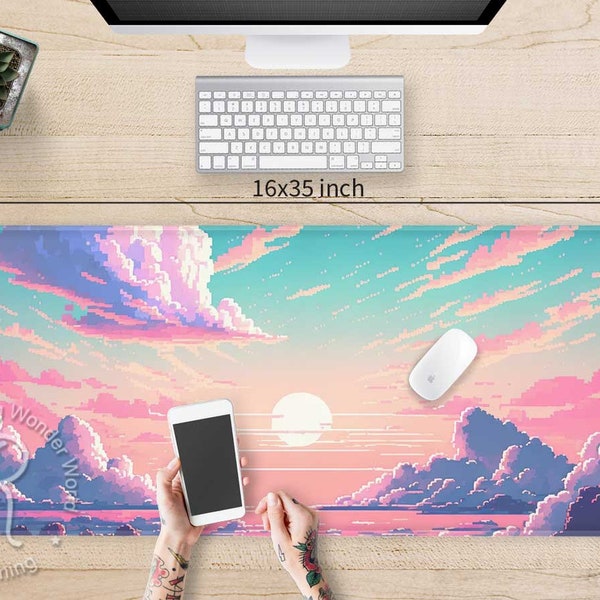 Lo-fi Vaporwave Pixel Anime XXL desk mat RGB, Cute Pastel cotton candy sky large Gaming mouse pad, Kawaii aesthetic mousepad wrist rest